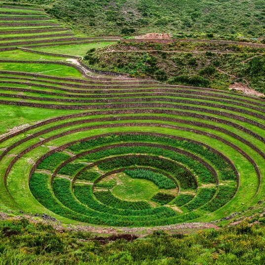 Kreisförmig angelegte Inka-Terrassen von Moray im Heiligen Tal in Peru inmitten grüner Landschaft.