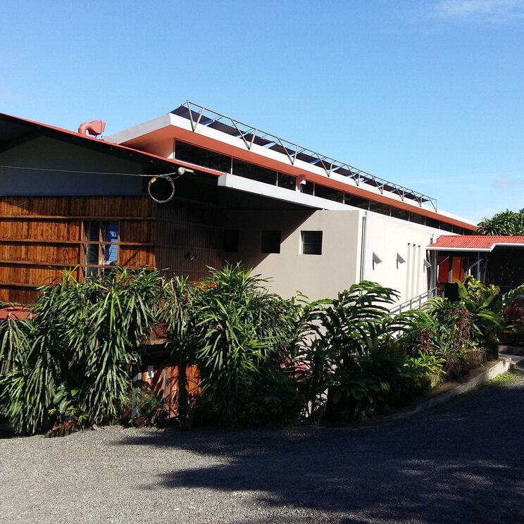 Aussenansicht der Celeste Mountain Lodge mit Zufahrtsweg, Solaranlagen auf dem Dach und tropischen Pflanzen.