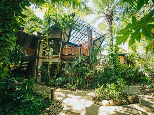 Tropische Hotelgartenanlage mit gepflegten Rasenflaechen, Gehwegen und schattenspendenden Baeumen