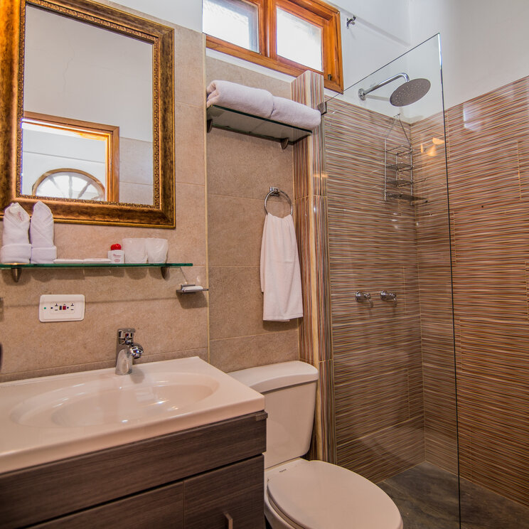 Modernes Badezimmer mit Glasdusche, hellem Waschtisch und einem goldgerahmten Spiegel im Hotel 3 Banderas.