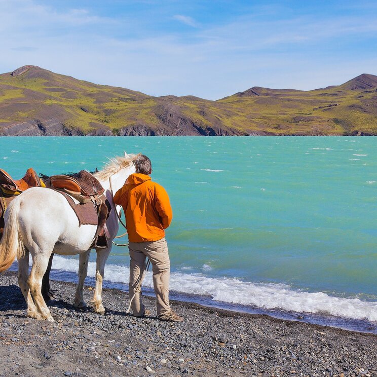 Wanderer mit Pferden an einem Strand im Nationalpark Torres del Paine