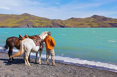 Wanderer mit Pferden an einem Strand im Nationalpark Torres del Paine