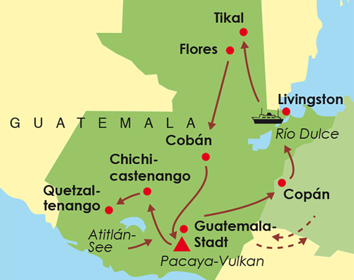 Karte der Reiseroute für die Guatemala Rundreise Guatemala Intensiv mit Stationen in Guatemala-Stadt, dem Pacaya-Vulkan, Atitlán-See, Chichicastenango, Cobán, den Maya-Ruinen von Tikal und Livingston an der Karibikküste