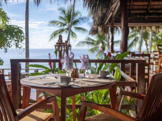 Blick von einer ueberdachten Holzterrasse durch Palmen hindurch auf den Sandstrand und das Meer in Costa Rica.