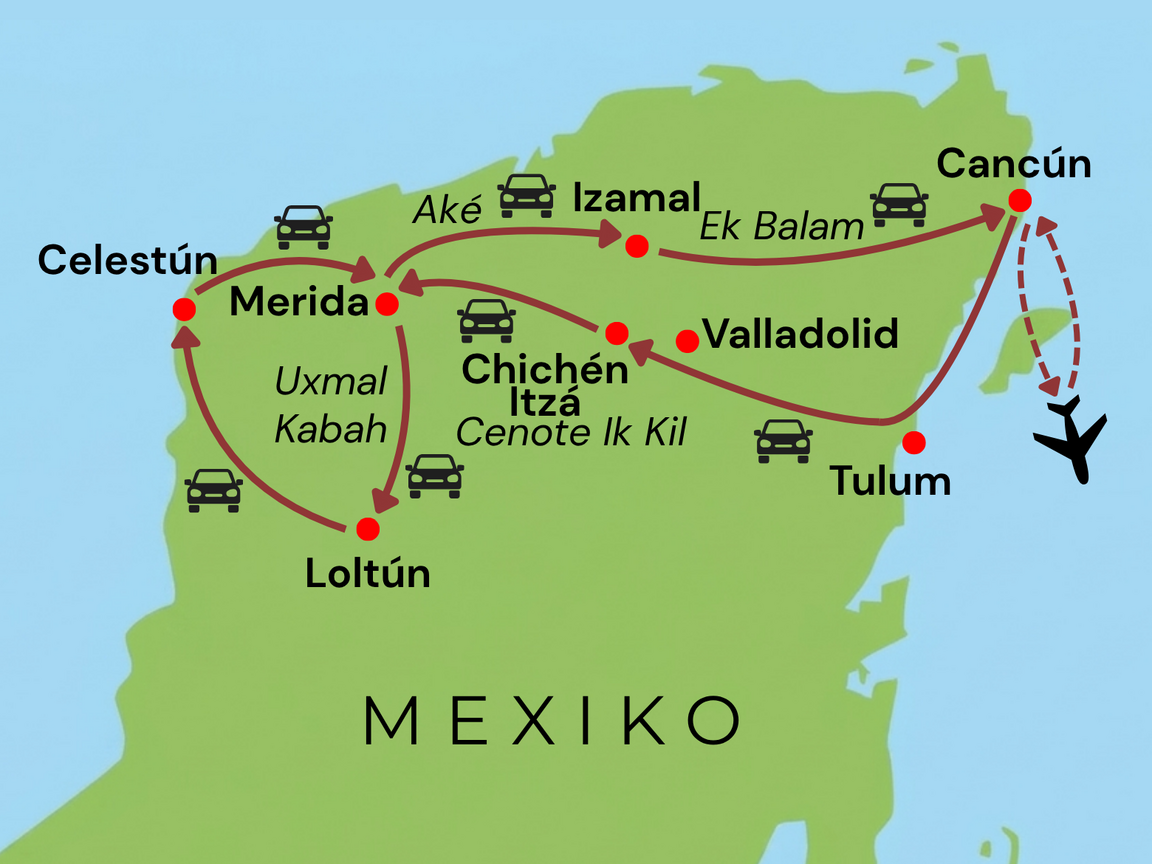 Routenkarte der Mietwagenreise „Yucatan Express“ in Mexiko: Selbstfahrertour ab Cancún über Tulum, Valladolid, Chichén Itzá, Mérida und Celestún.