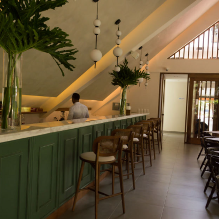 Moderne Bar im Hotel Pinar Dorado in Jarabacoa, Dominikanische Republik, mit stilvollem Thekenbereich, hohen Decken und grünen Akzenten in elegantem Ambiente.