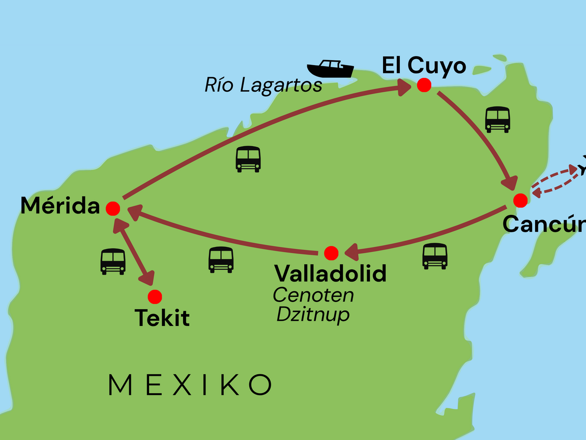 Routenkarte der Yoga-Reise Mexiko Kleingruppenreise mit Stationen Cancún, Mérida, Valladolid und El Cuyo, Yucatán Rundreise von Gateway Lateinamerika 