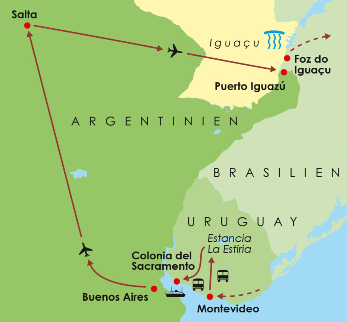 Karte der Reiseroute für die Rundreise Mate, Gauchos & Tango durch Argentinien, Uruguay und Brasilien mit Stationen in Buenos Aires, Montevideo, Colonia del Sacramento, Salta und den Iguazú-Wasserfällen