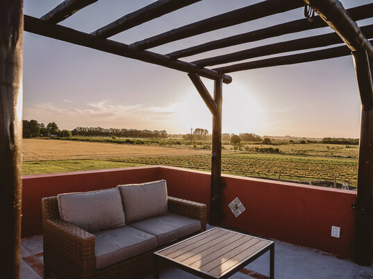 Sitzecke im Freien mit Blick auf die Weinberge in der Bodega El Legado in Uruguay