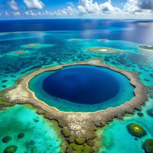 Luftaufnahme des Great Blue Hole mit türkisfarbenem Wasser und Korallenriffen vor der Küste von Belize.