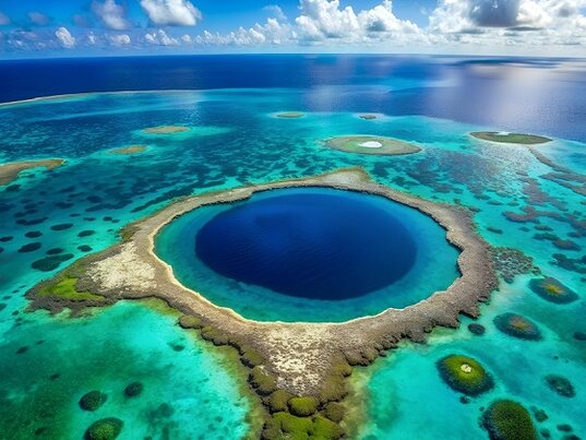 Luftaufnahme des Great Blue Hole mit türkisfarbenem Wasser und Korallenriffen vor der Küste von Belize.