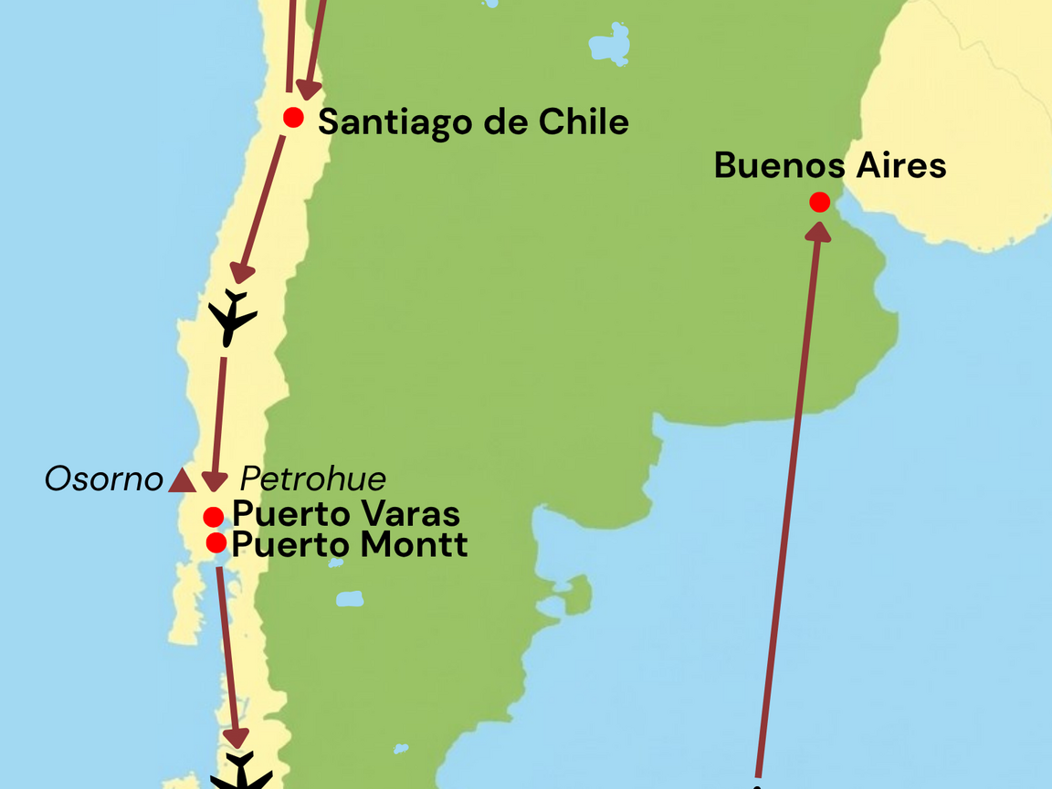 Reiseverlaufskarte der Großen Chile- und Argentinien-Rundreise als Kleingruppenreise mit Stationen in Santiago de Chile, Atacama, Torres del Paine, El Calafate, Ushuaia und Buenos Aires.