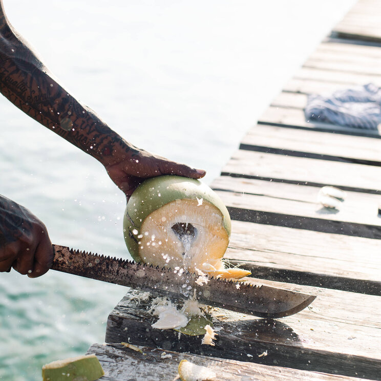 Person öffnet mit einer Machete eine grüne Kokosnuss auf einem Holzsteg am Wasser bei der Tobacco Caye Paradise Lodge in Belize