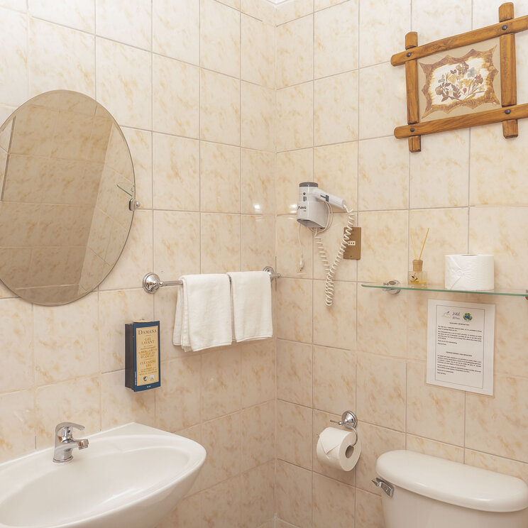 Gefliestes Badezimmer mit Waschbecken, ovalem Spiegel und Wandschmuck im Hotel del Paine.