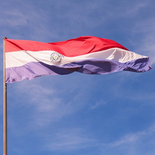 Nationalflagge von Paraguay weht an einem Fahnenmast vor blauem Himmel mit leichten Schleierwolken.