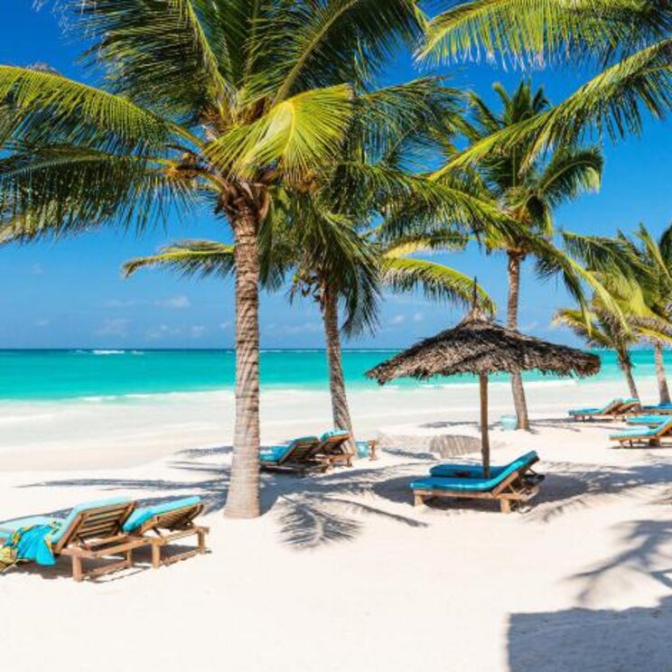 Traumstrand von Holbox mit Palmen und Liegestühlen