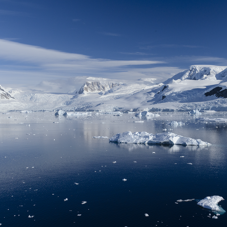 Antarktische Küstenlandschaft mit schneebedeckten Bergen, Gletschern und Treibeis auf spiegelglattem Meer.