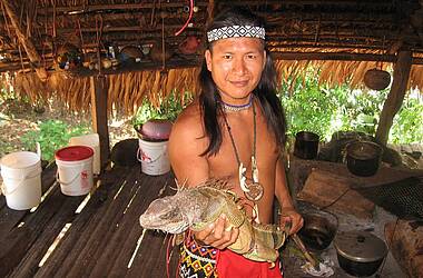 Embera Indianer zeigt gefangenen Leguan
