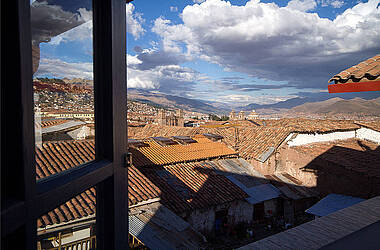 Ausblick über die Dächer von Cusco vom Hotel El Mercado, Peru