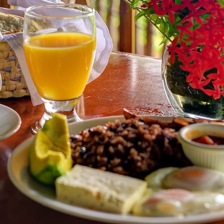 Frühstücksteller im Hotel Villa Paraíso auf Ometepe mit Gallo Pinto, Eiern, Käse, Avocado, gebratenen Kochbananen, Saft und Kaffee auf einem Holztisch.