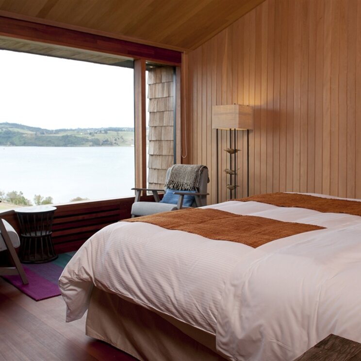 Zimmer im Boutique-Hotel Tierra Chiloe mit Blick auf das Meer