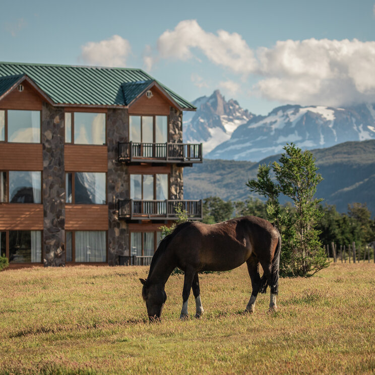 Hotel Rio Serrano mit Holzfassade und grasendem Pferd vor den Bergen des Torres del Paine Nationalparks in Chile.