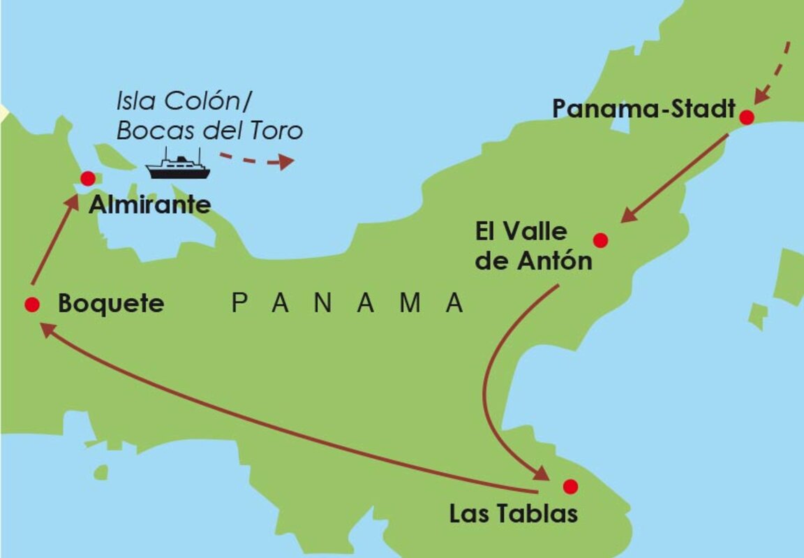 Karte der Reiseroute für die Panama Rundreise Höhepunkte Panamas mit Stationen in Panama-Stadt, El Valle de Antón, Los Santos, Boquete und dem Inselarchipel Bocas del Toro