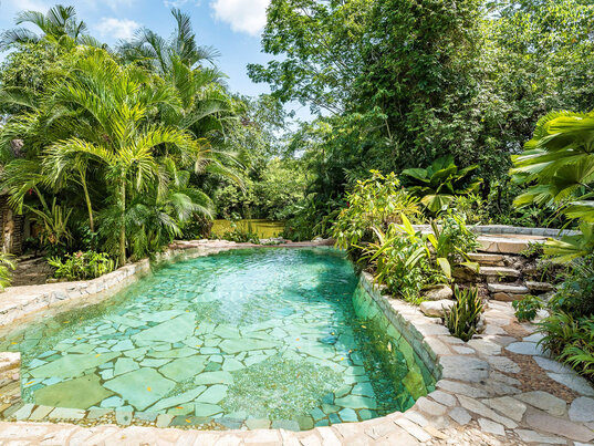 Türkisfarbener Außenpool mit Natursteinumrandung inmitten üppiger tropischer Vegetation in Palenque.