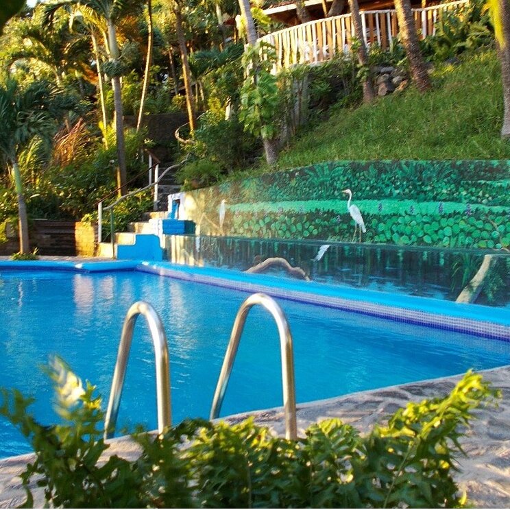 Poolbereich im Hotel Villa Paraíso auf Ometepe, Nicaragua, umgeben von tropischer Vegetation und Wandgemälde mit Naturmotiven.