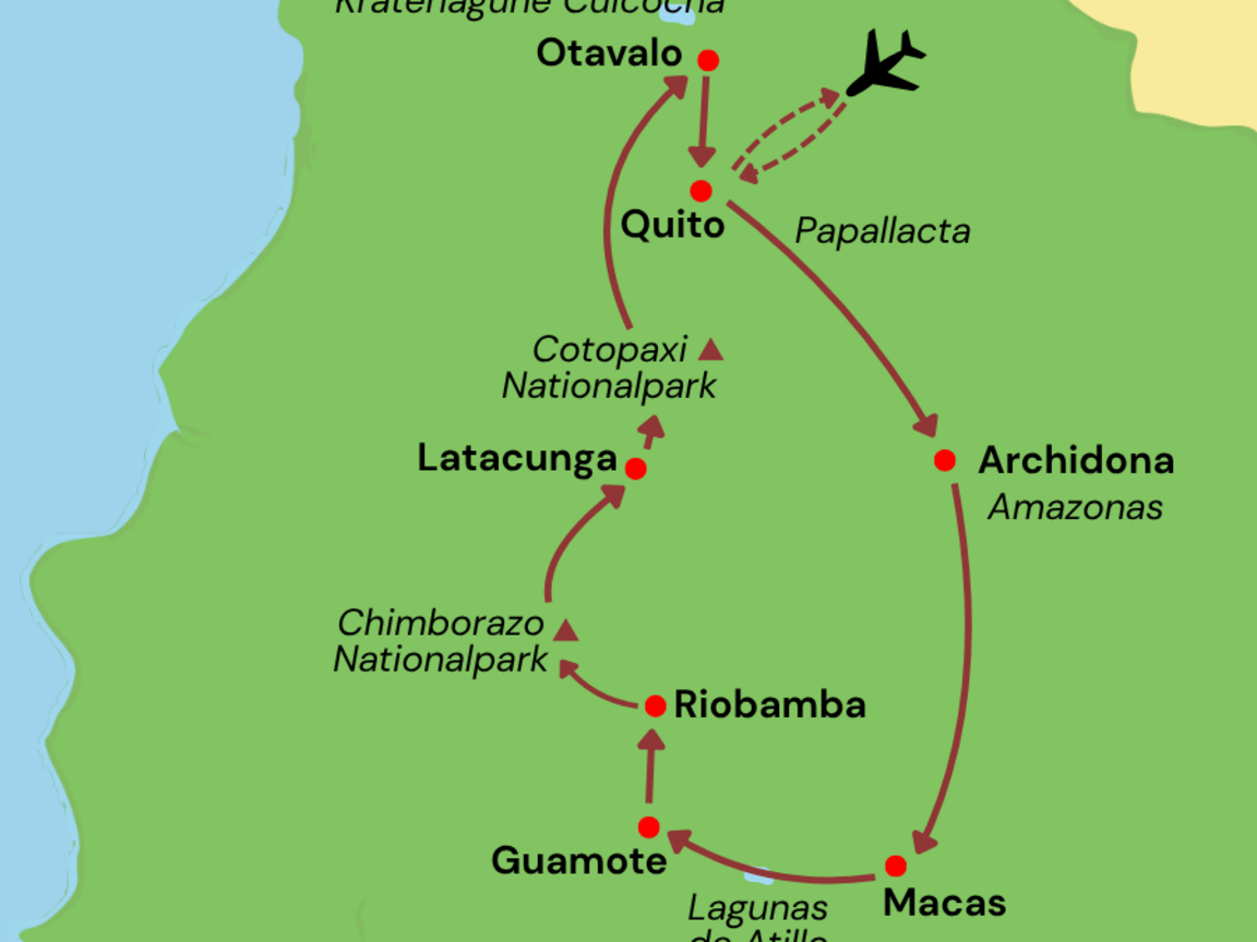 Reiseverlaufskarte der Rundreise „Buntes Ecuador“ mit Routenverlauf von Quito über Otavalo, Archidona im Amazonasgebiet, Macas, Riobamba und den Cotopaxi-Nationalpark.