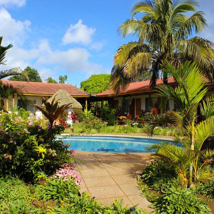 Tropische Gartenanlage mit Swimmingpool, Palmen und blühenden Strauchpflanzen vor den Hotelgebaeuden des Hotel Gomero.