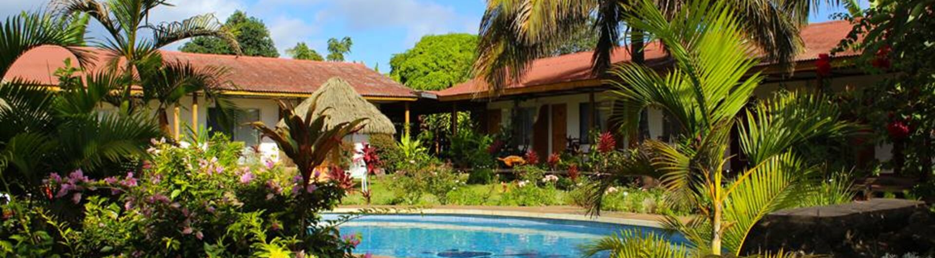 Tropische Gartenanlage mit Swimmingpool, Palmen und blühenden Strauchpflanzen vor den Hotelgebaeuden des Hotel Gomero.