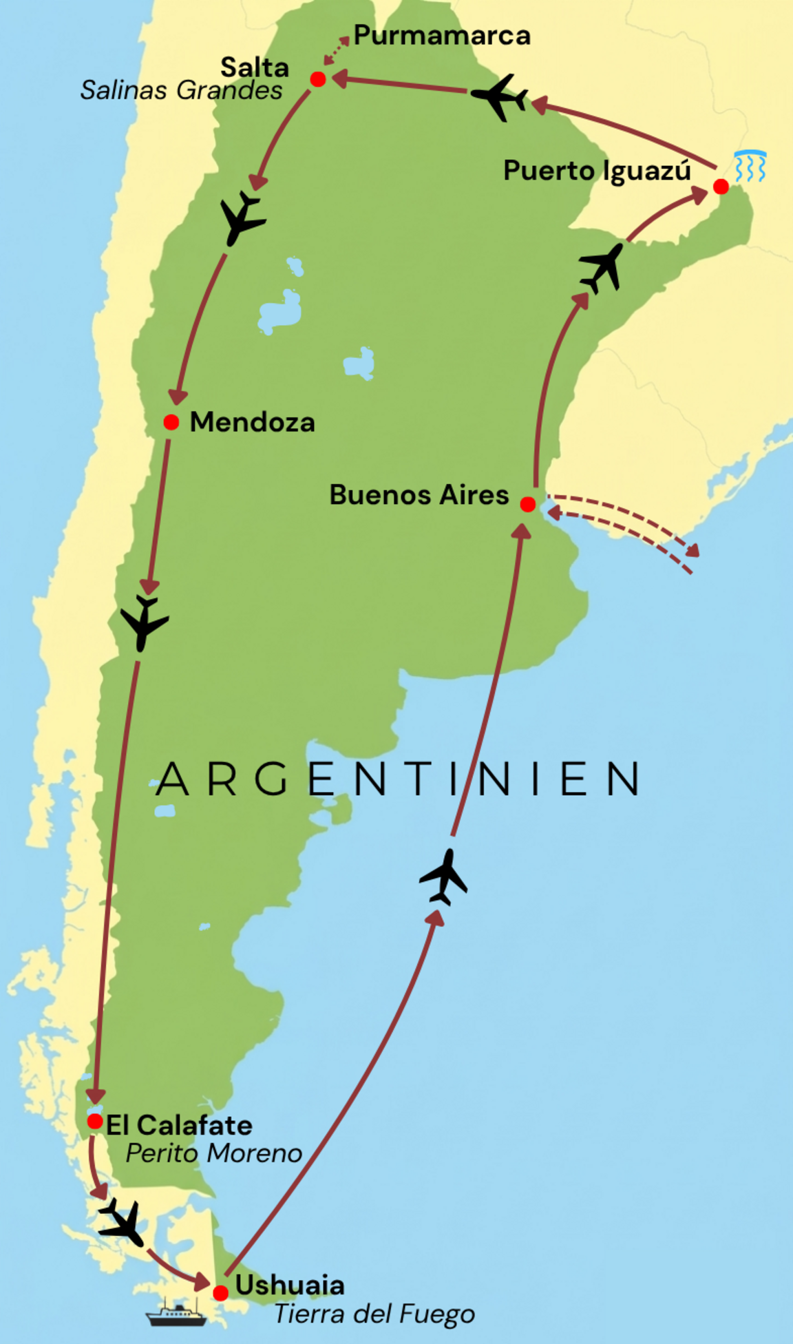 Karte der Reiseroute für die Rundreise Argentinien Intensiv mit Stationen in Buenos Aires, Puerto Iguazú, Purmamarca, Salta, Mendoza, El Calafate und Ushuaia (Tierra del Fuego).