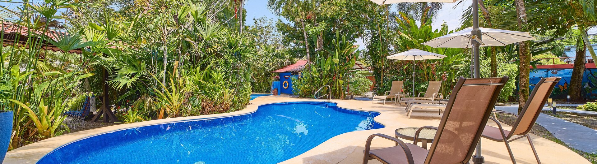 Geschwungener Pool mit Liegestuehlen und Sonnenschirmen in Cahuita.