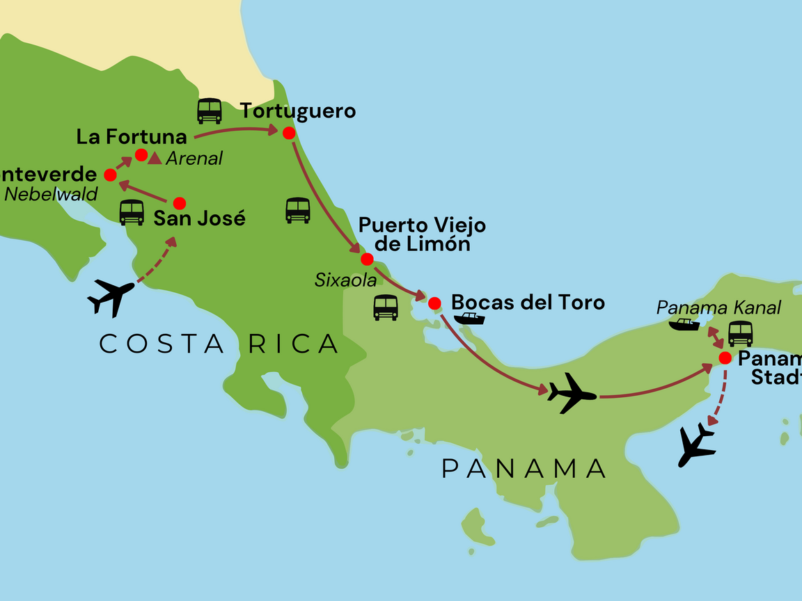Reiseverlaufskarte der Rundreise durch Costa Rica und Panama mit Stationen von San José über Monteverde, Arenal, Tortuguero, Puerto Viejo und Bocas del Toro bis nach Panama-Stadt.