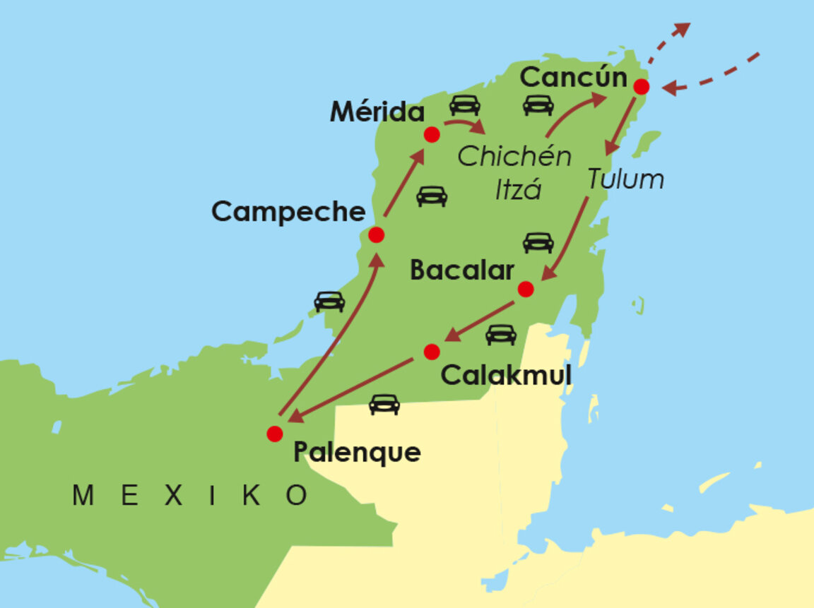 Karte der Reiseroute für die Mexiko Rundreise Mietwagenreise Yucatán & Chiapas mit Stationen in Cancún, Mérida, Campeche, Palenque, Calakmul, Bacalar und Tulum