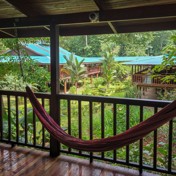 Haengematte auf einer Holzterrasse mit Blick auf die tropische Gartenanlage der Selva Verde Lodge in Sarapiqui.
