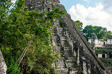 Blick auf einen Tempel in der archäologischen Stätte Tikal in Guatemala