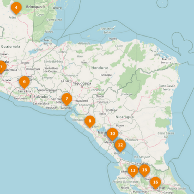 Karte der Reiseroute „Best of Mittelamerika“ durch Guatemala, Honduras, El Salvador, Nicaragua und Costa Rica.