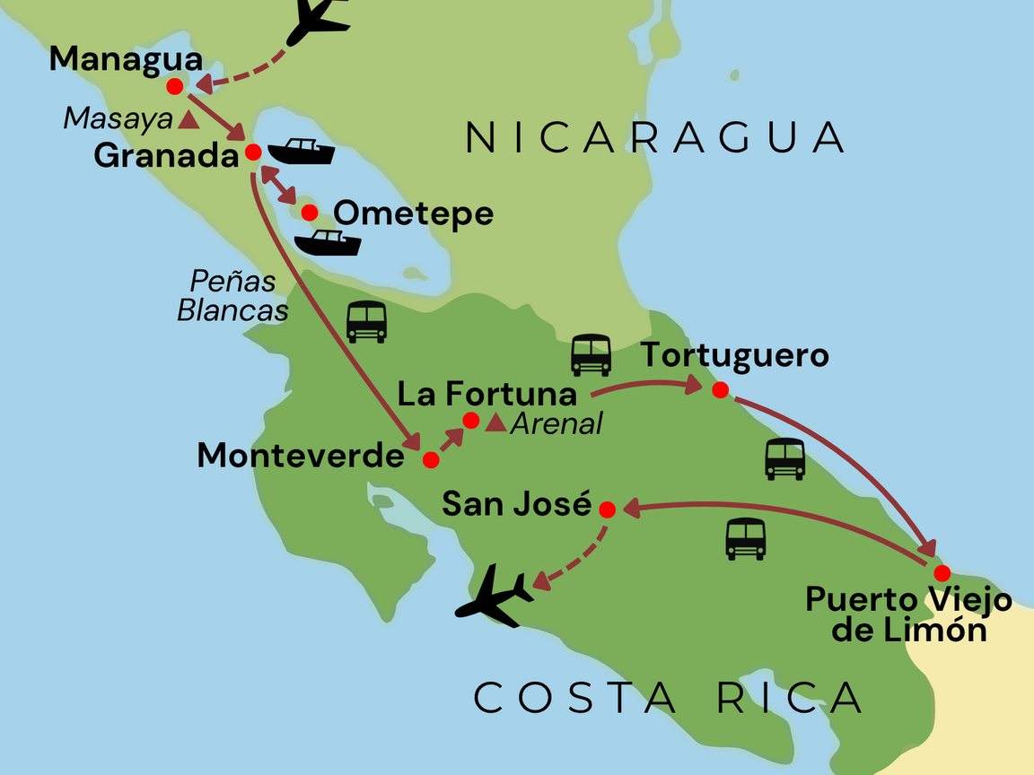 Reiseverlaufskarte der Kombinationsreise durch Nicaragua und Costa Rica von Managua, Granada und der Insel Ometepe über Monteverde, La Fortuna, Tortuguero und Puerto Viejo bis San José.