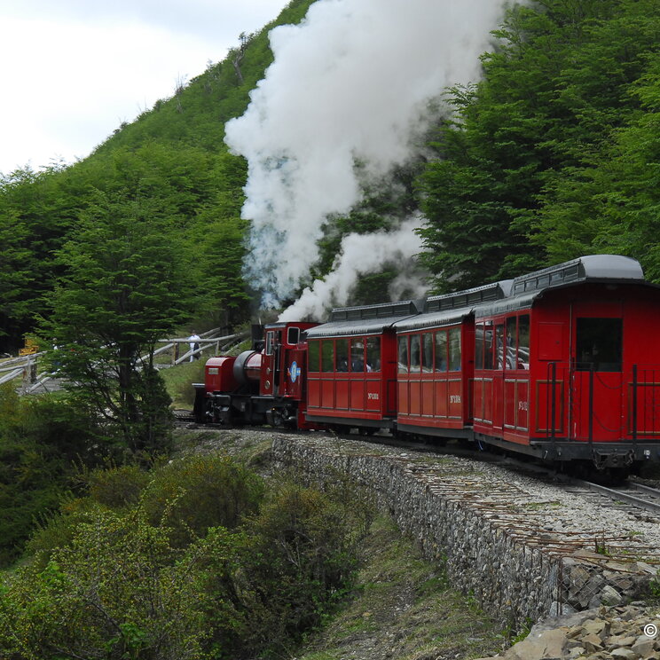 Zug am Ende der Welt in Ushuaia vorbeifahrend und dampfend