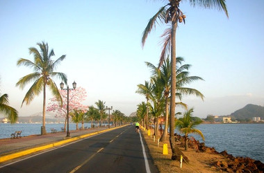 Palmengesäumter Causeway am südlichen Eingang des Panamakanals